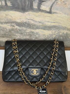 CHANEL Black Quilted Leather Double Flap Shoulder Bag with Gold Chain